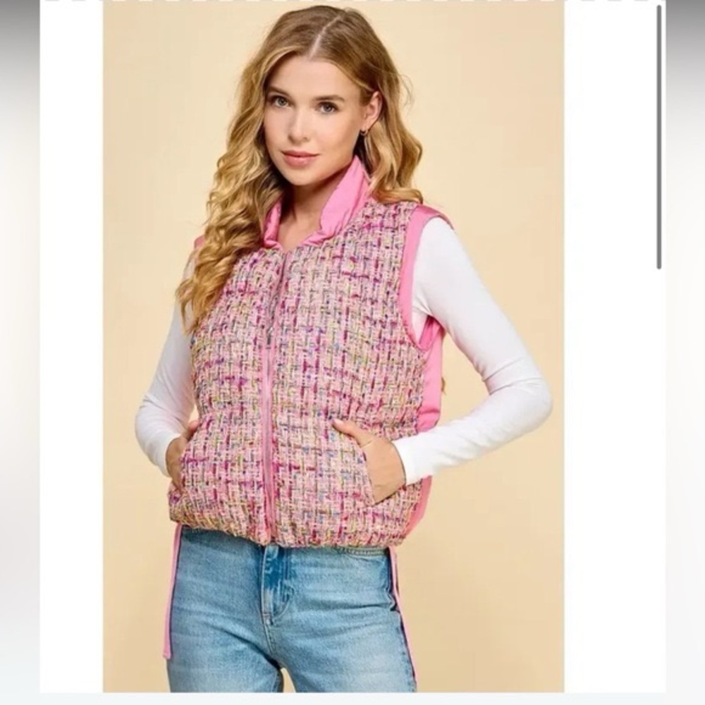 Women’s Kiki Risa Lane B Pink Colorful Tweed Vest NWT Size M Zipper Vest